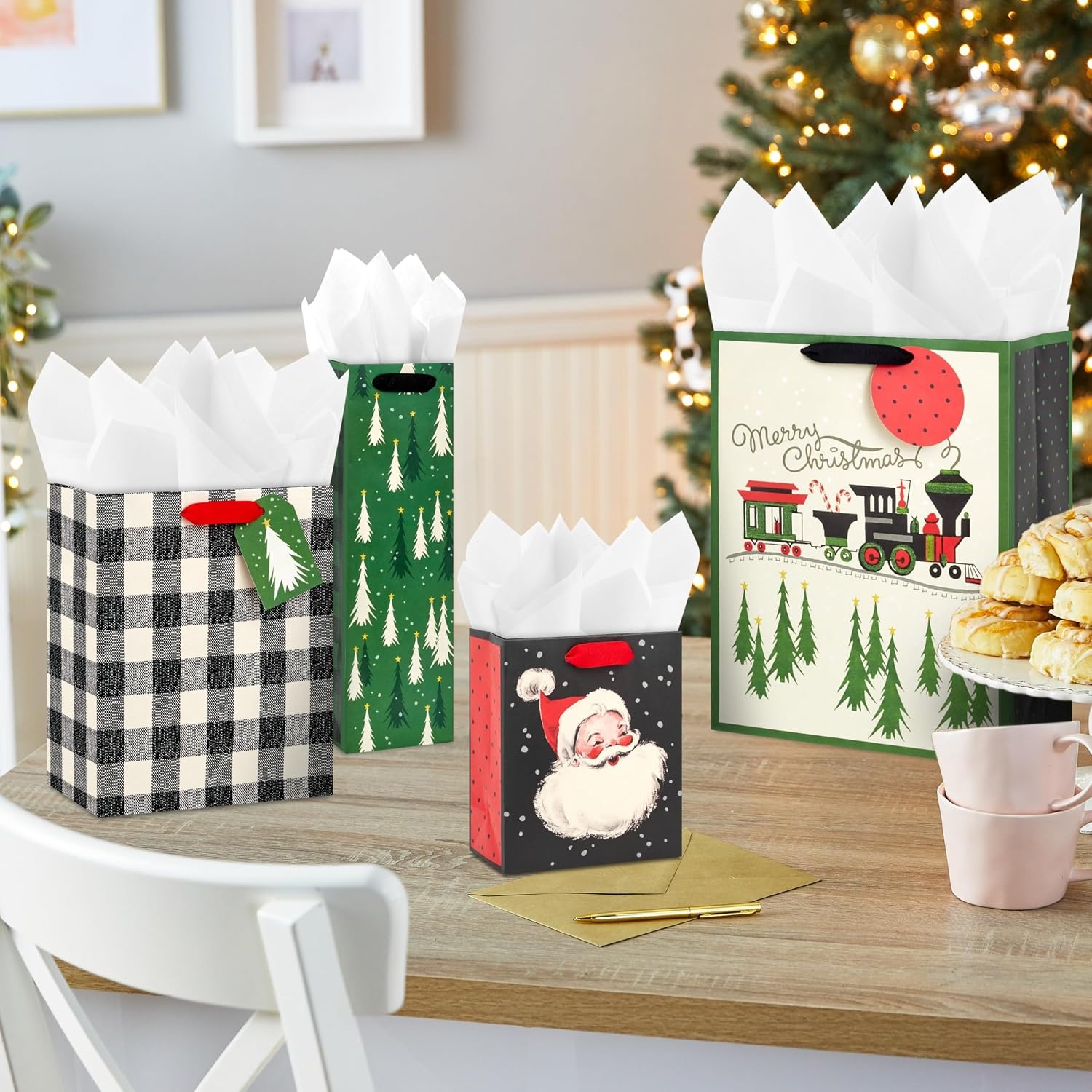 image:imageHallmark Assorted Vintage Christmas Gift Bags 8 Bags 2 Small 6 2 Medium 9 2 Large 13 2 Bottle 13 Black and White Buffalo Plaid Santa Toy Train Green TreesTrain  Trees  Buffalo Plaid  Santa
