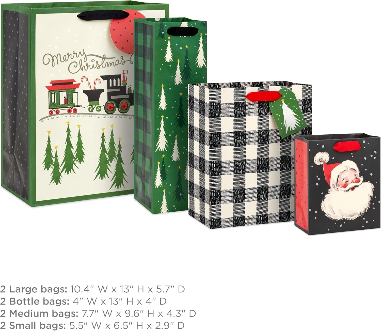image:imageHallmark Assorted Vintage Christmas Gift Bags 8 Bags 2 Small 6 2 Medium 9 2 Large 13 2 Bottle 13 Black and White Buffalo Plaid Santa Toy Train Green TreesTrain  Trees  Buffalo Plaid  Santa