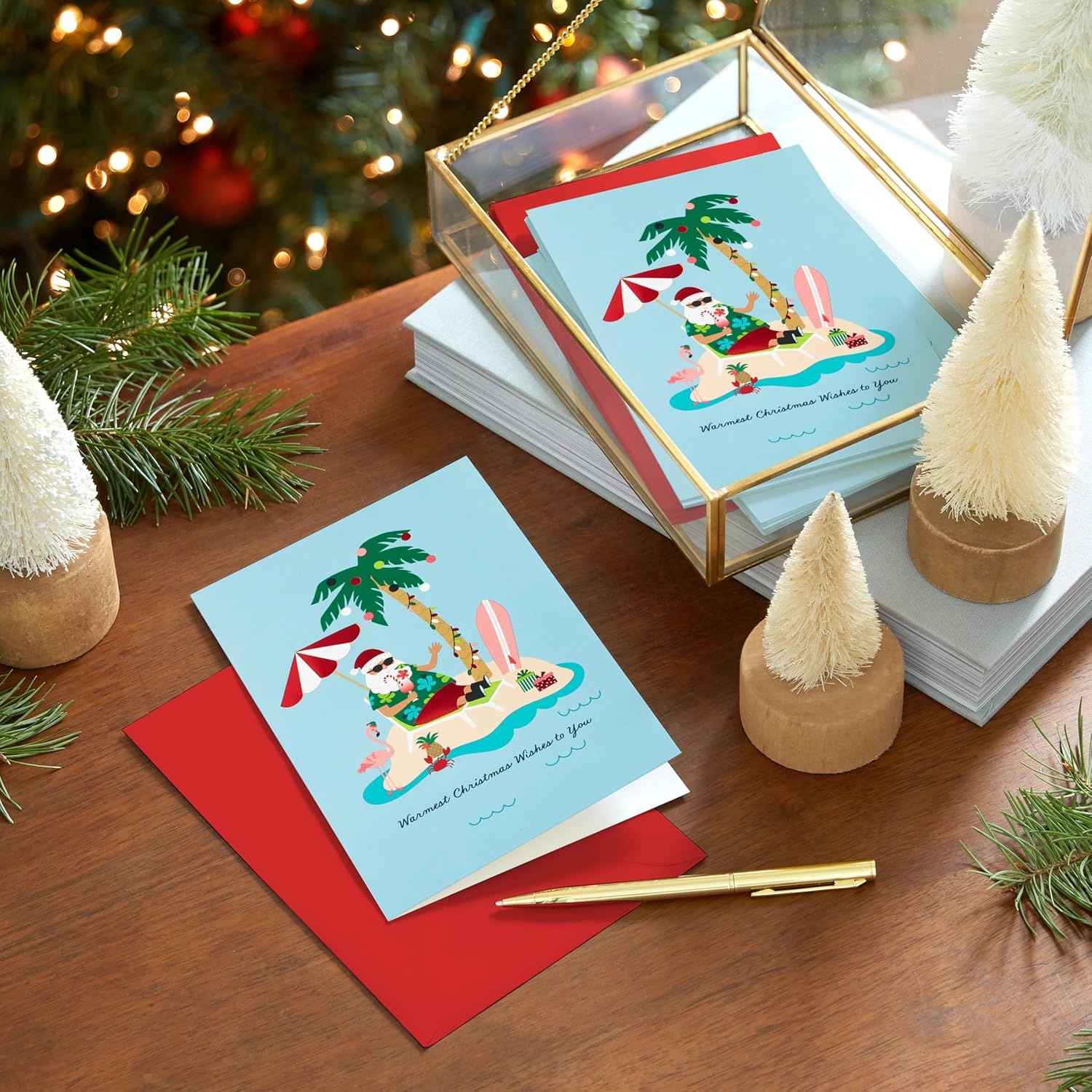 image:imageHallmark Boxed Christmas Cards Tropical Santa 16 Cards and 16 Envelopes Warmest Christmas Wishes