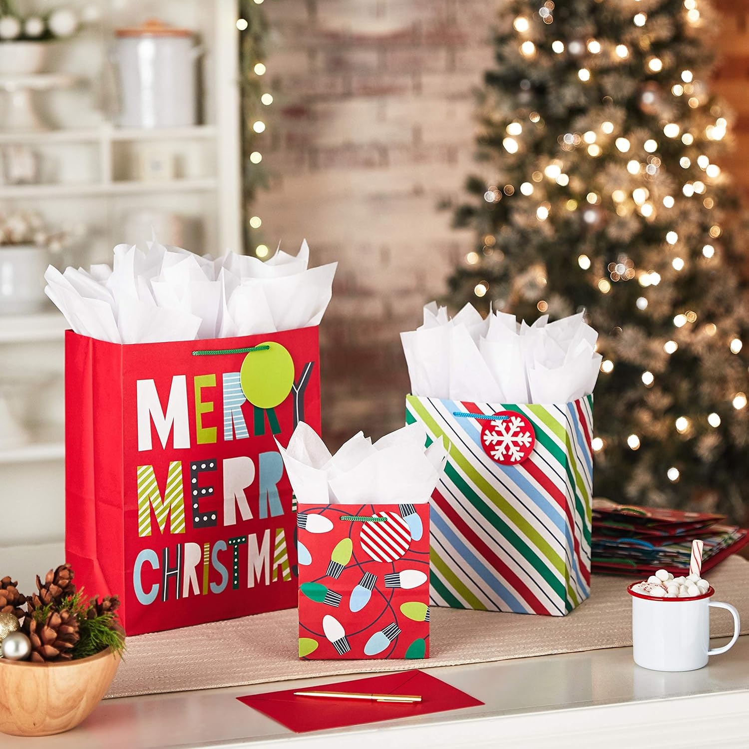 image:imageHallmark Colorful Christmas Gift Bag Assortment 8 Bags 2 Small 6 2 Medium 9 2 Large 13 2 Bottle Bags Minimalist Trees Pink Teal Yellow GreenMerry Merry Christmas Bundle
