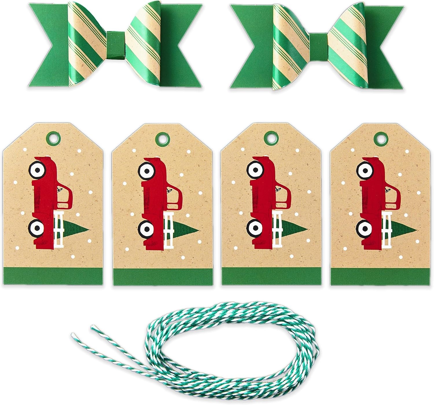 image:imageHallmark Holiday Gift Wrap Accessory Kit Red Truck Tree Snowflake 6 Gift Bows 12 Gift Tags 9 Yards of Twine  Kraft Red Green WhiteRed  Green  and Kraft