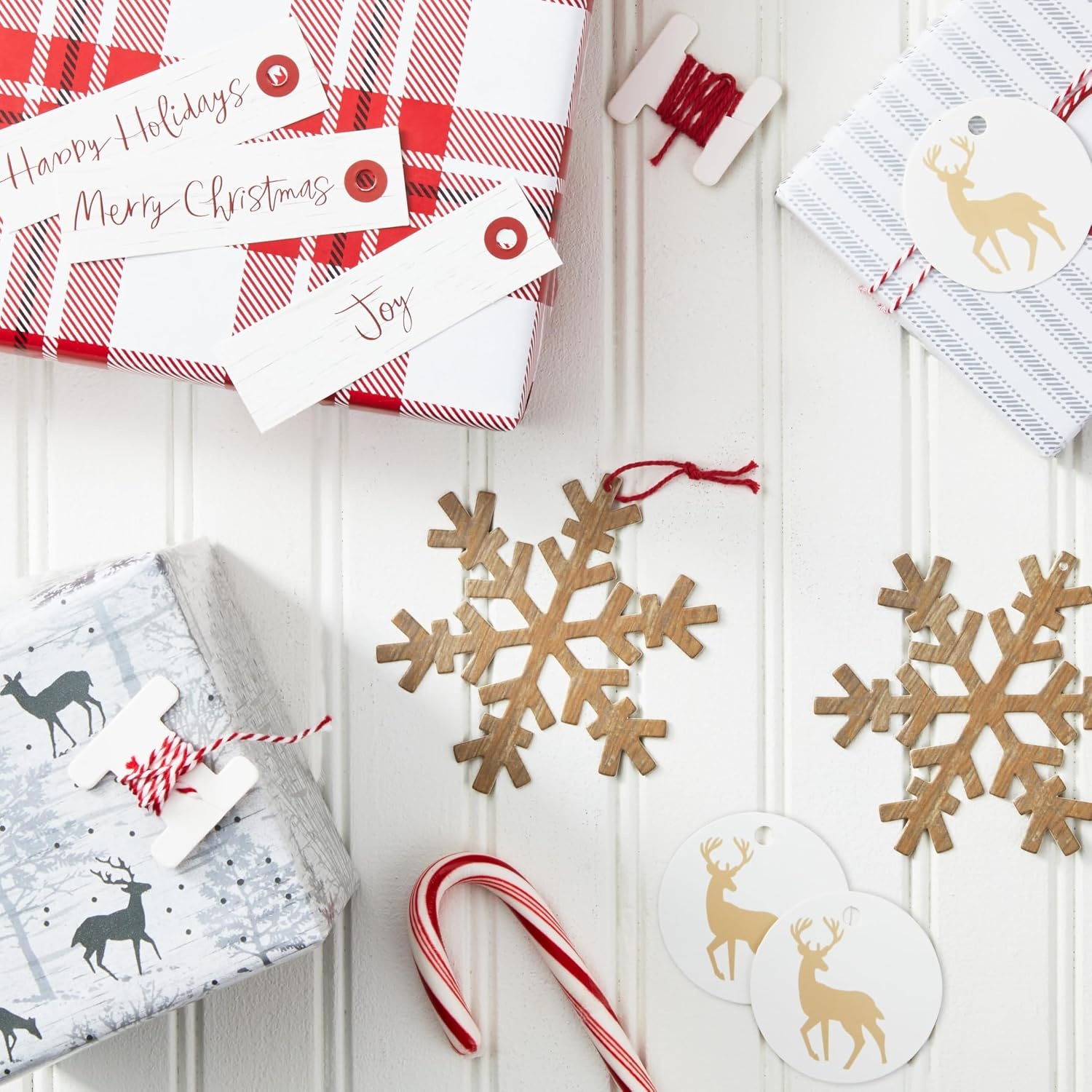 image:imageHallmark Holiday Gift Wrap Accessory Kit Red Truck Tree Snowflake 6 Gift Bows 12 Gift Tags 9 Yards of Twine Kraft Red Green WhiteSnowflakes Deer String Red Natural