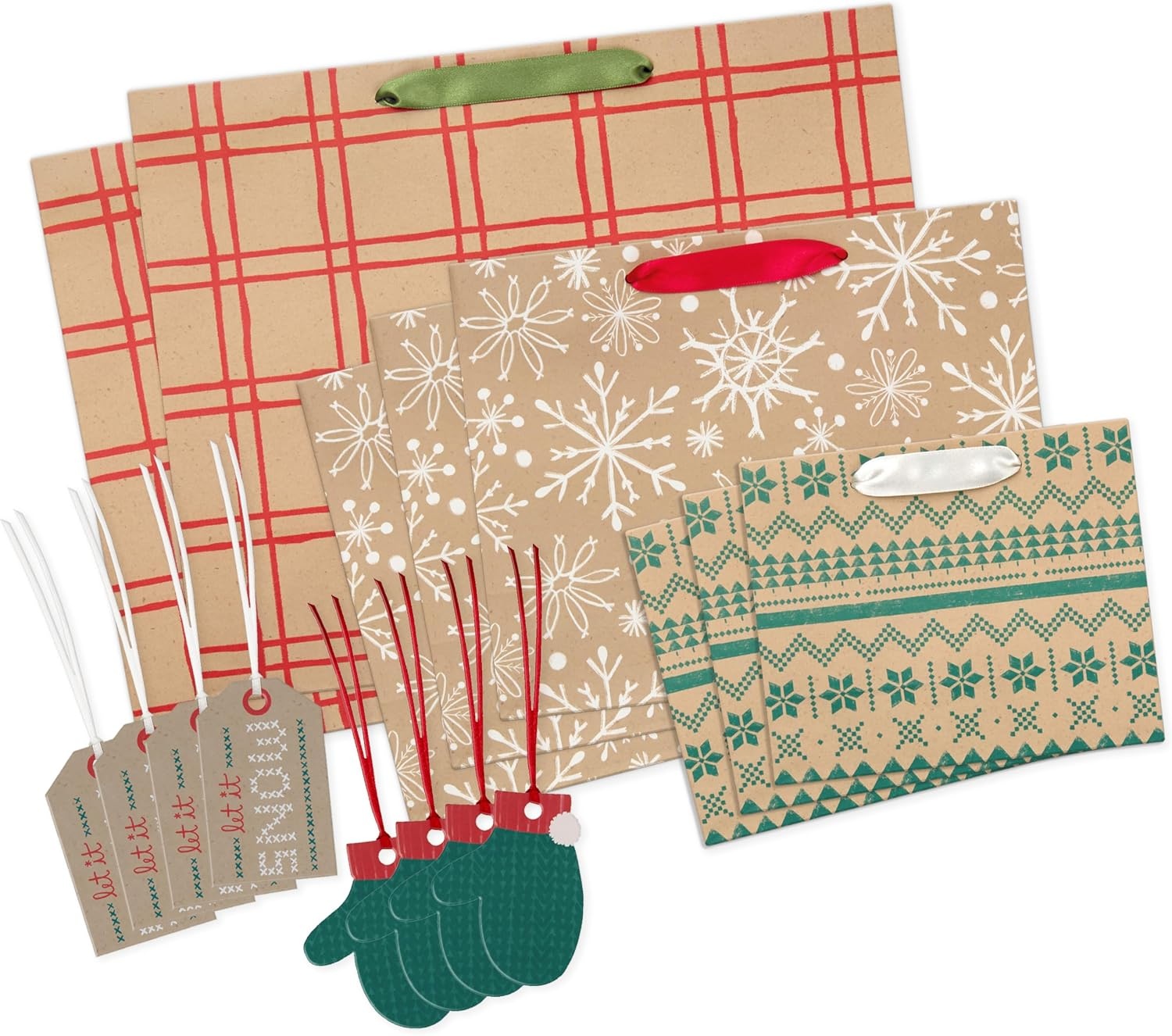 image:imageHallmark Holiday Kraft Gift Bags with Gift Tags 8 Horizontal Bags 8 Tags Snowflakes Mittens Let It SnowKraft Plaid  Snowflakes  Mittens