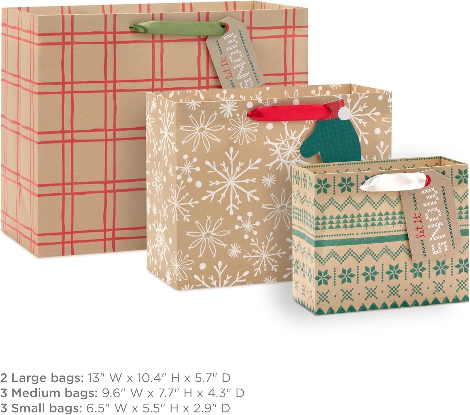 image:imageHallmark Holiday Kraft Gift Bags with Gift Tags 8 Horizontal Bags 8 Tags Snowflakes Mittens Let It SnowKraft Plaid  Snowflakes  Mittens