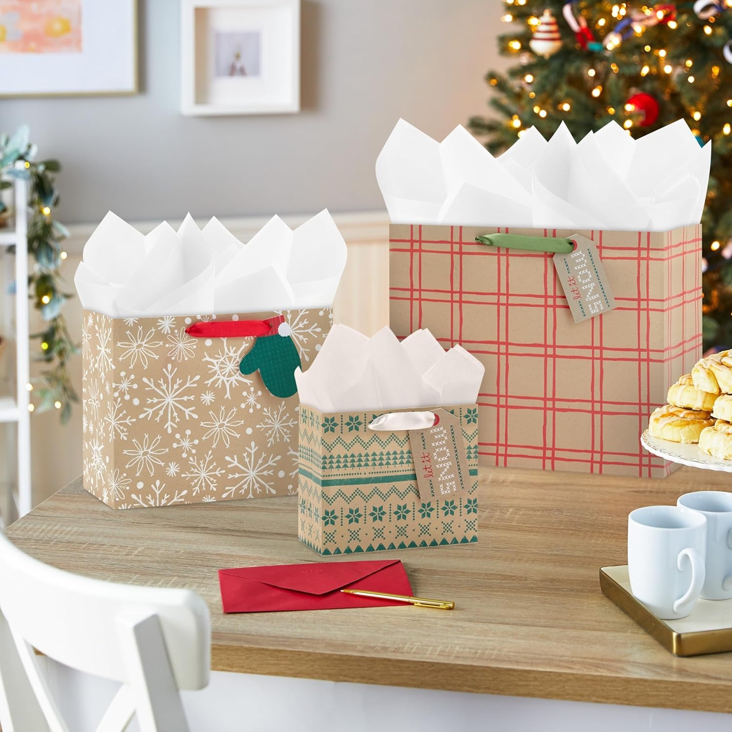 image:imageHallmark Holiday Kraft Gift Bags with Gift Tags 8 Horizontal Bags 8 Tags Snowflakes Mittens Let It SnowKraft Plaid  Snowflakes  Mittens