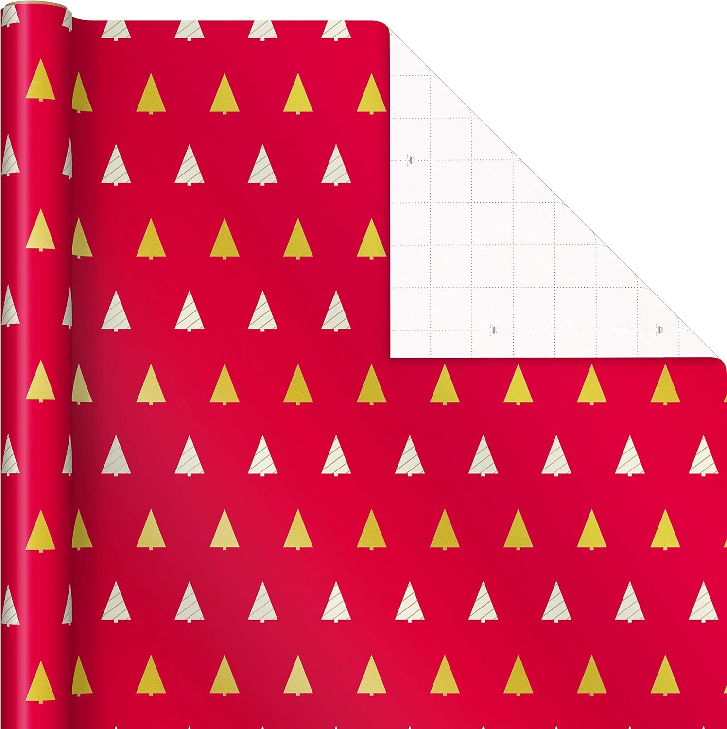 image:imageHallmark Minimalist Christmas Wrapping Paper with Cut Lines on Reverse 3 Rolls 120 sq ft ttl Red White Gold Trees Stripes DotsRed White Gold Trees Stripes Dots