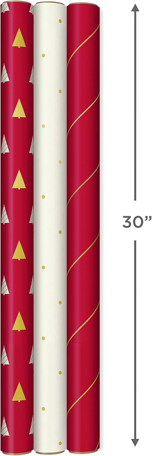 image:imageHallmark Minimalist Christmas Wrapping Paper with Cut Lines on Reverse 3 Rolls 120 sq ft ttl Red White Gold Trees Stripes DotsRed White Gold Trees Stripes Dots