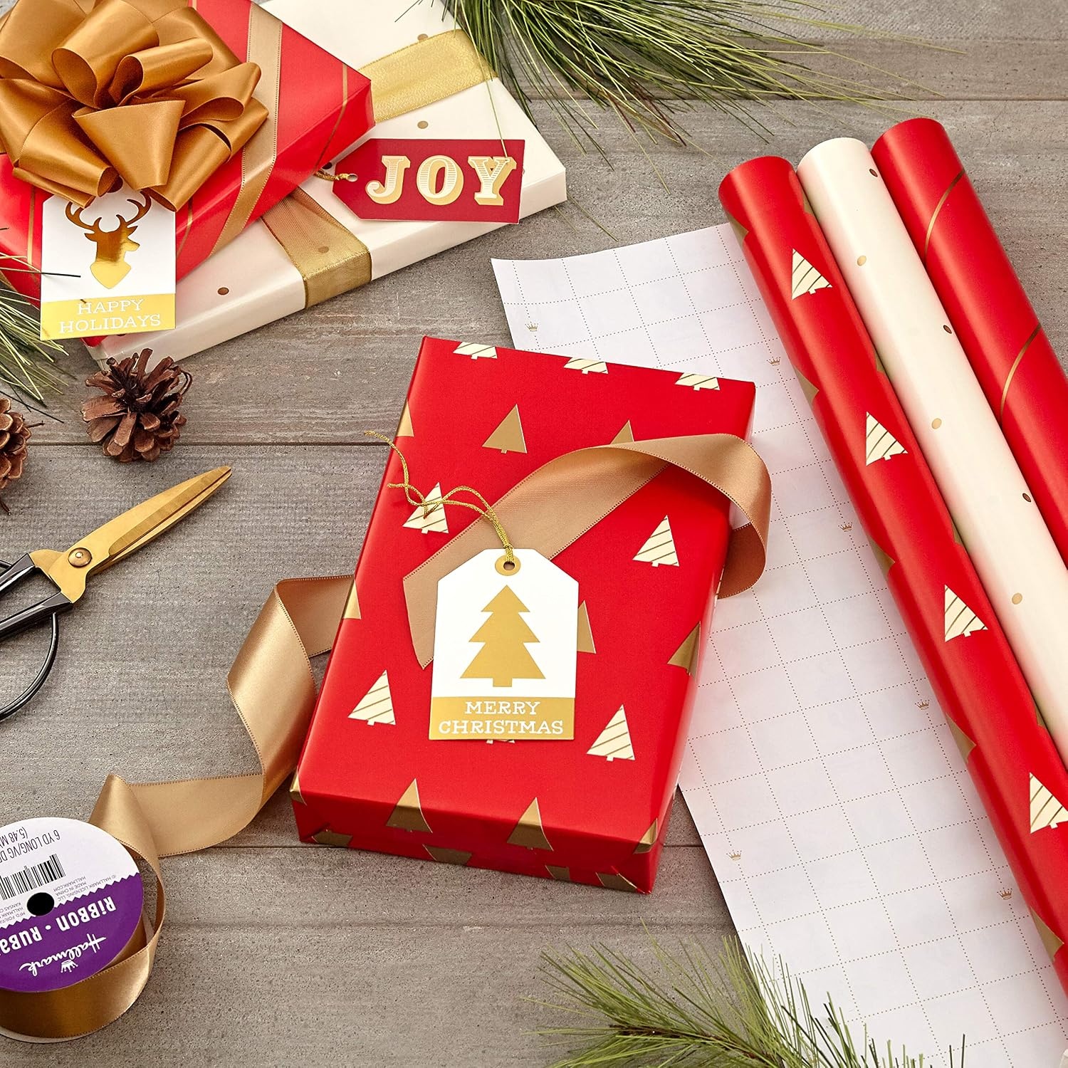 image:imageHallmark Minimalist Christmas Wrapping Paper with Cut Lines on Reverse 3 Rolls 120 sq ft ttl Red White Gold Trees Stripes DotsRed White Gold Trees Stripes Dots