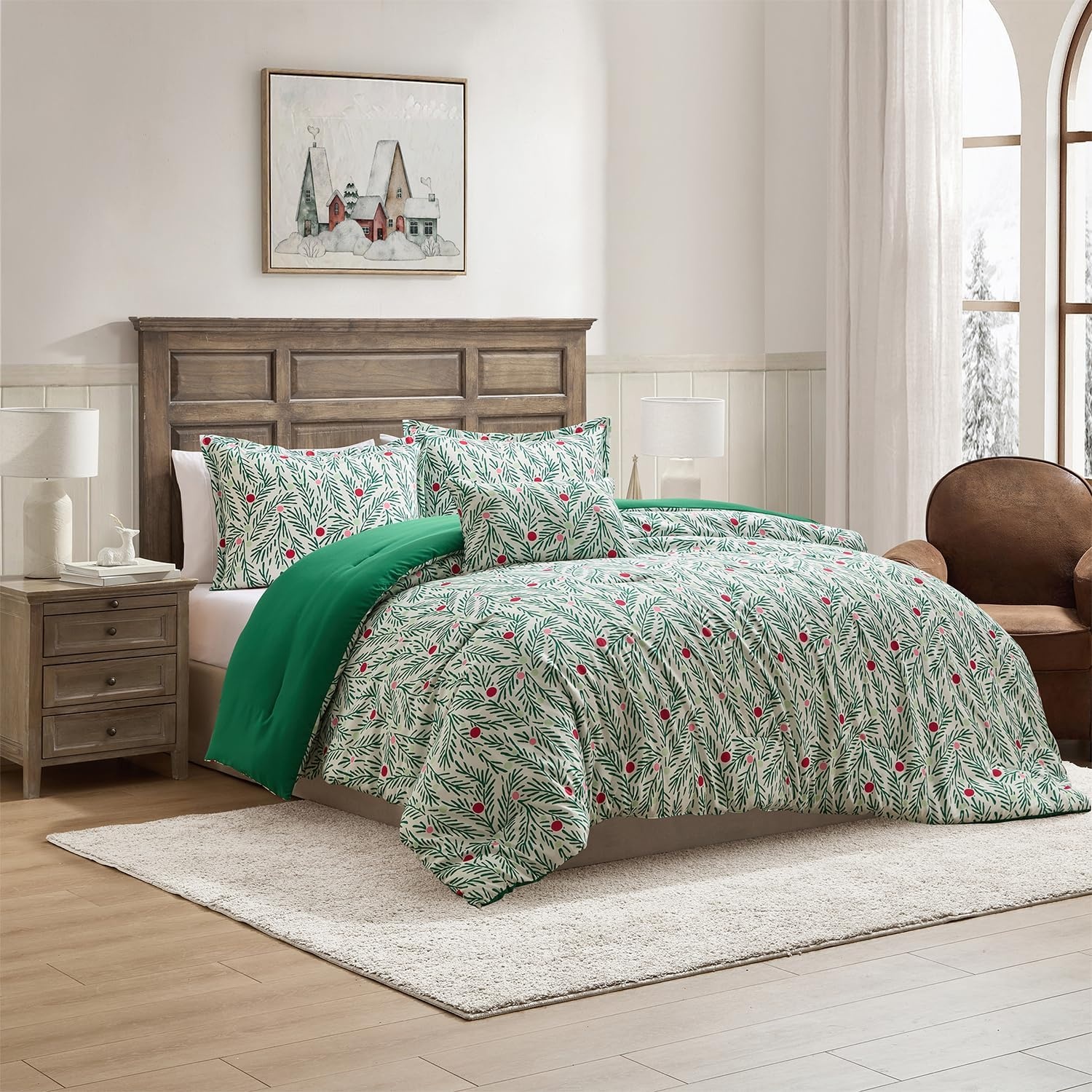 image:imageHallmark QueenFull Size 4Piece Holiday Bedding Set Festive Cozy Comforter 2 Shams Decorative Pillow Lightweight Cozy Home Decor Super Soft Microfiber Fabric WrinkleResistant Red ToileJoy to Your World Green