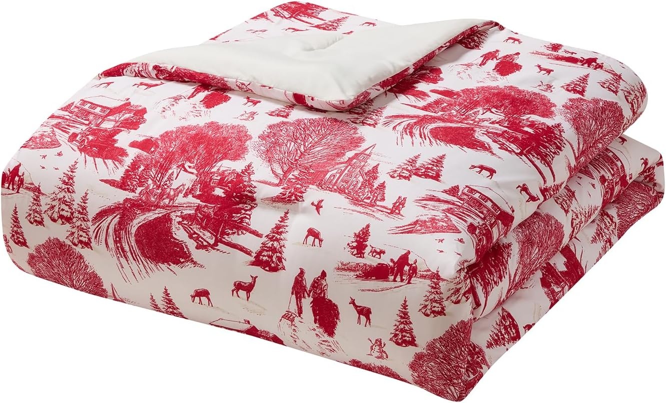 image:imageHallmark QueenFull Size 4Piece Holiday Bedding Set Festive Cozy Comforter 2 Shams Decorative Pillow Lightweight Cozy Home Decor Super Soft Microfiber Fabric WrinkleResistant Red ToileCozy Christmas Red