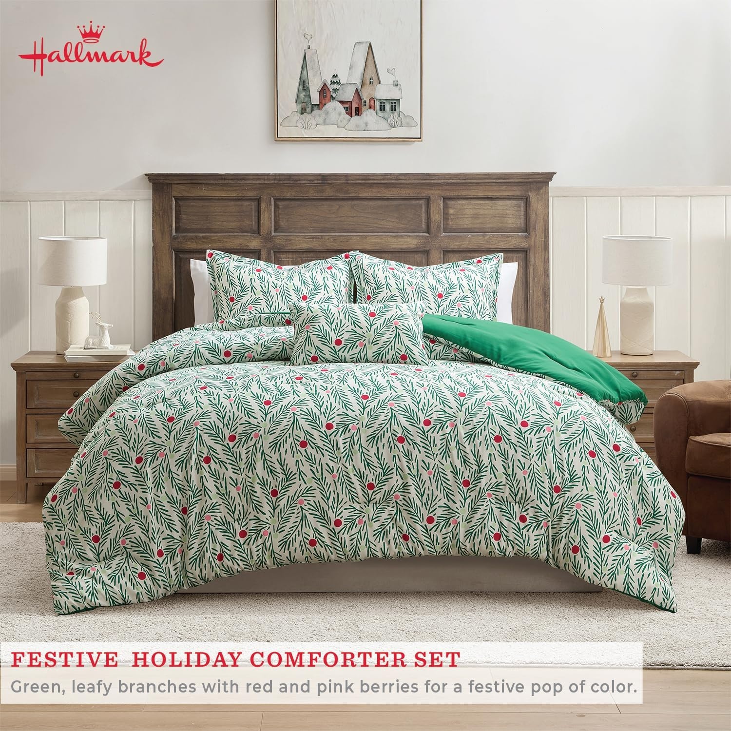 image:imageHallmark QueenFull Size 4Piece Holiday Bedding Set Festive Cozy Comforter 2 Shams Decorative Pillow Lightweight Cozy Home Decor Super Soft Microfiber Fabric WrinkleResistant Red ToileJoy to Your World Green