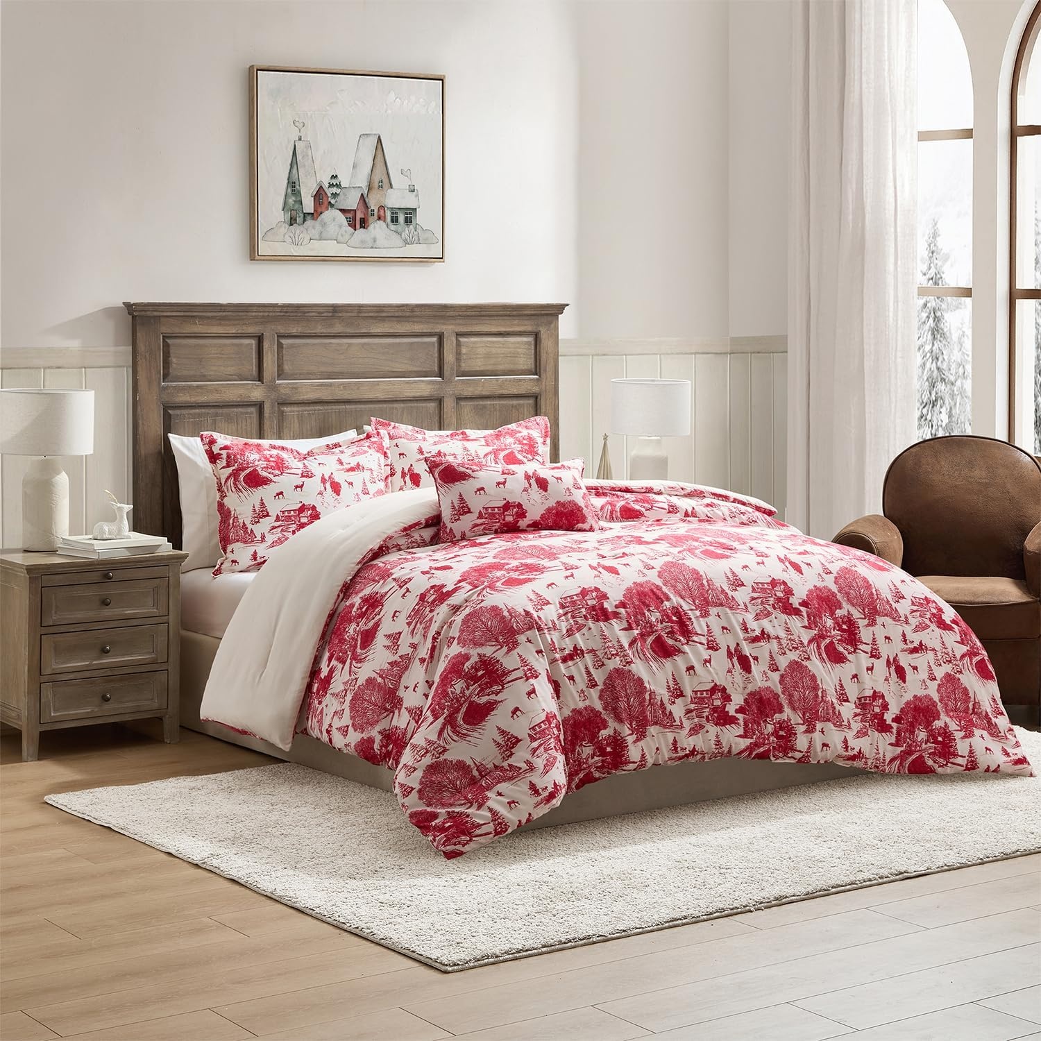 image:imageHallmark QueenFull Size 4Piece Holiday Bedding Set Festive Cozy Comforter 2 Shams Decorative Pillow Lightweight Cozy Home Decor Super Soft Microfiber Fabric WrinkleResistant Red ToileCozy Christmas Red