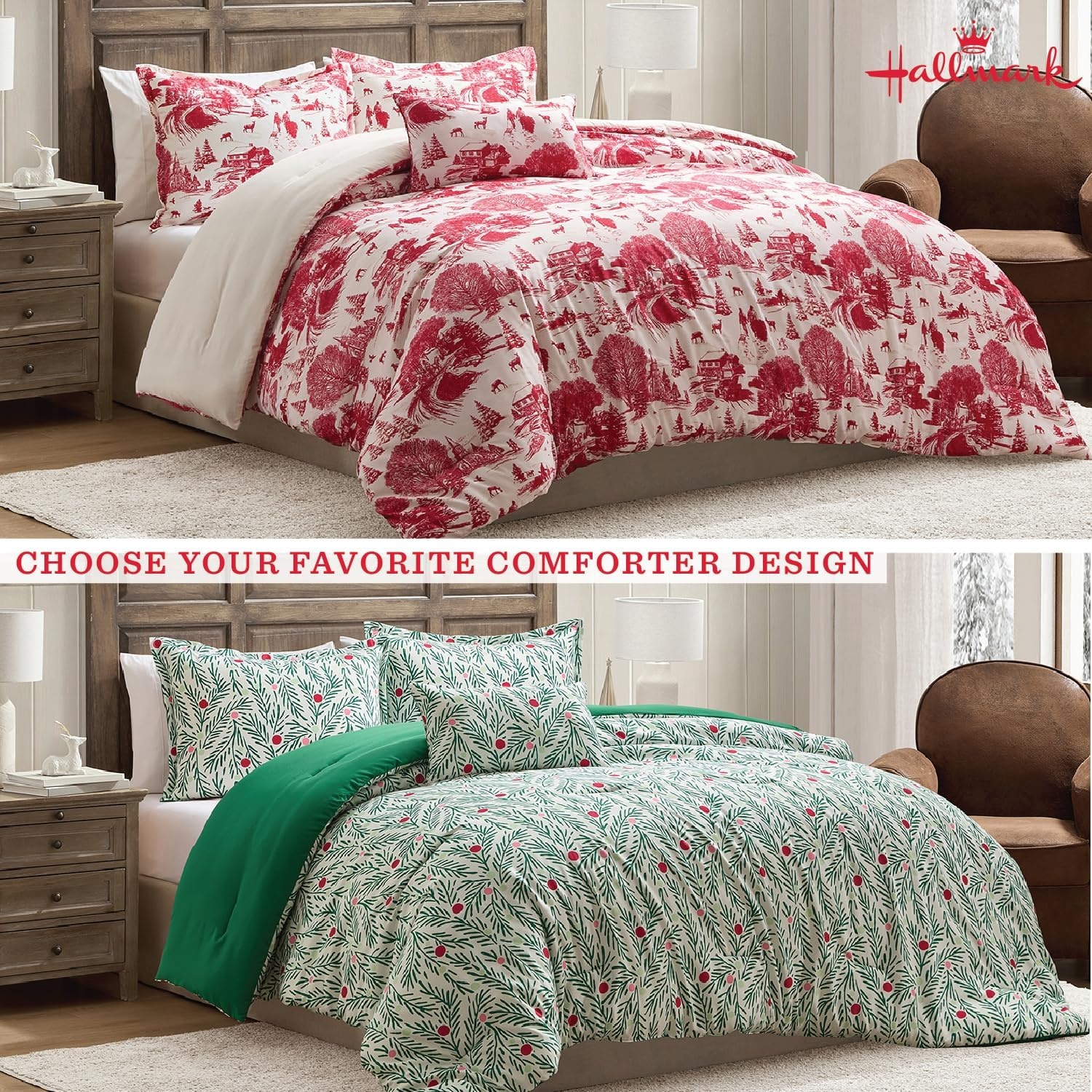 image:imageHallmark QueenFull Size 4Piece Holiday Bedding Set Festive Cozy Comforter 2 Shams Decorative Pillow Lightweight Cozy Home Decor Super Soft Microfiber Fabric WrinkleResistant Red ToileCozy Christmas Red