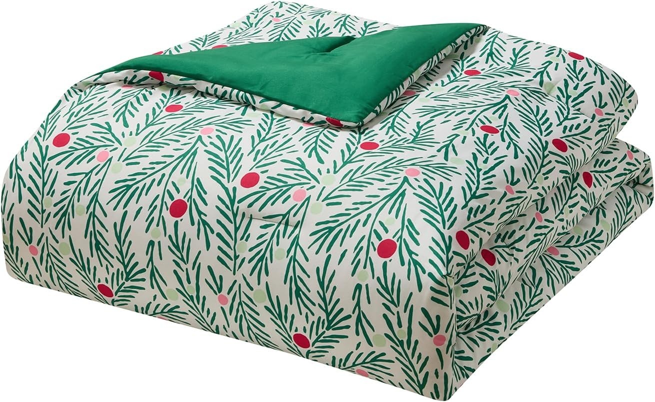 image:imageHallmark QueenFull Size 4Piece Holiday Bedding Set Festive Cozy Comforter 2 Shams Decorative Pillow Lightweight Cozy Home Decor Super Soft Microfiber Fabric WrinkleResistant Red ToileJoy to Your World Green