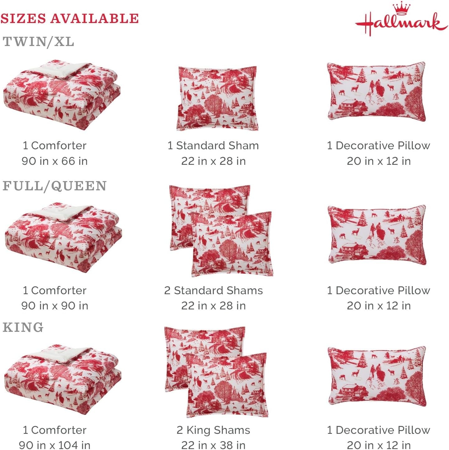 image:imageHallmark QueenFull Size 4Piece Holiday Bedding Set Festive Cozy Comforter 2 Shams Decorative Pillow Lightweight Cozy Home Decor Super Soft Microfiber Fabric WrinkleResistant Red ToileCozy Christmas Red