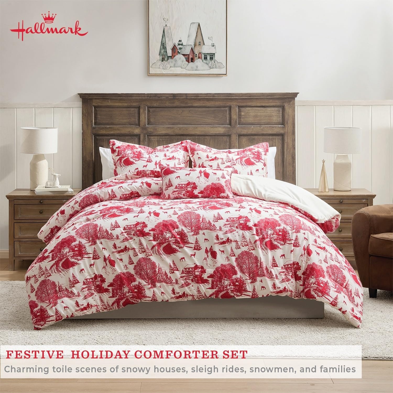 image:imageHallmark QueenFull Size 4Piece Holiday Bedding Set Festive Cozy Comforter 2 Shams Decorative Pillow Lightweight Cozy Home Decor Super Soft Microfiber Fabric WrinkleResistant Red ToileCozy Christmas Red