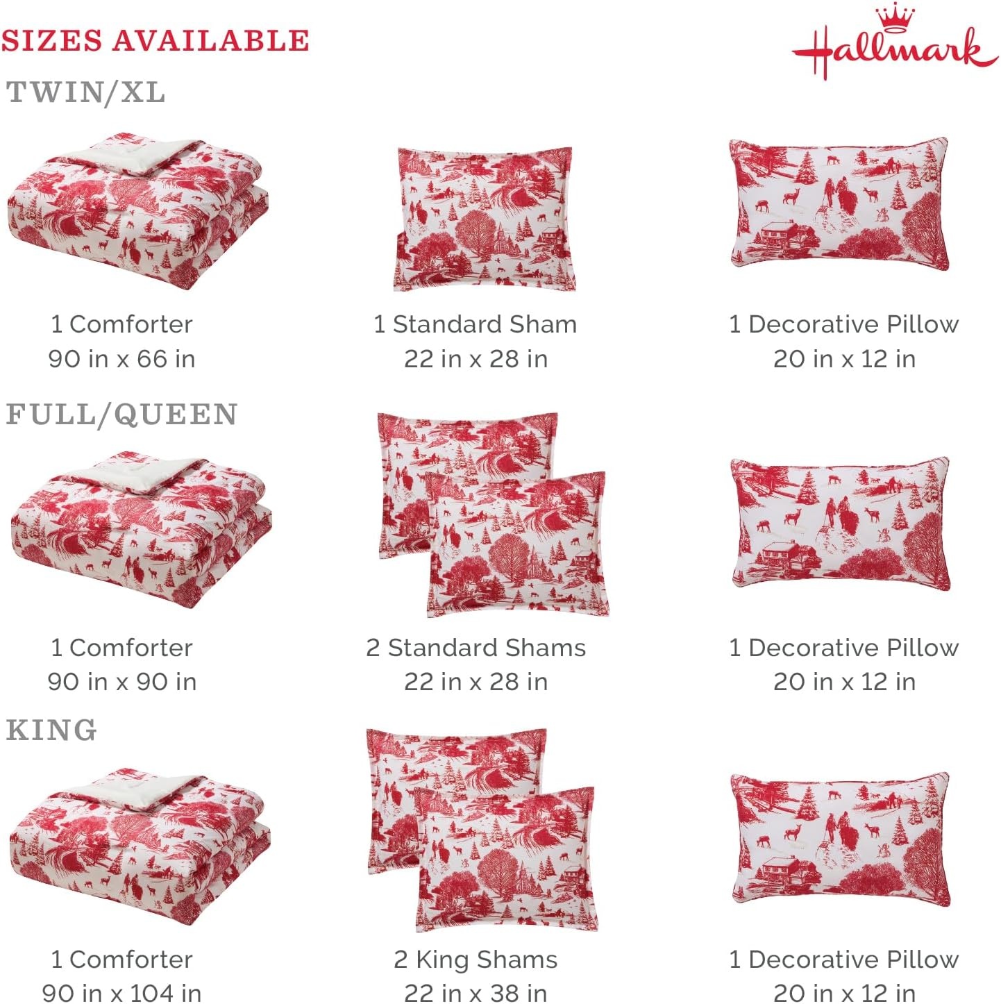 image:imageHallmark QueenFull Size 4Piece Holiday Bedding Set Festive Cozy Comforter 2 Shams Decorative Pillow Lightweight Cozy Home Decor Super Soft Microfiber Fabric WrinkleResistant Red ToileCozy Christmas Red