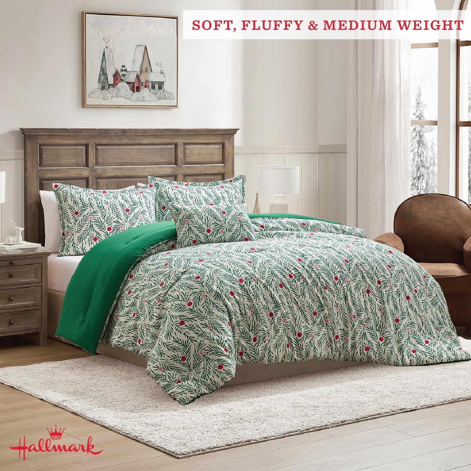 image:imageHallmark QueenFull Size 4Piece Holiday Bedding Set Festive Cozy Comforter 2 Shams Decorative Pillow Lightweight Cozy Home Decor Super Soft Microfiber Fabric WrinkleResistant Red ToileJoy to Your World Green