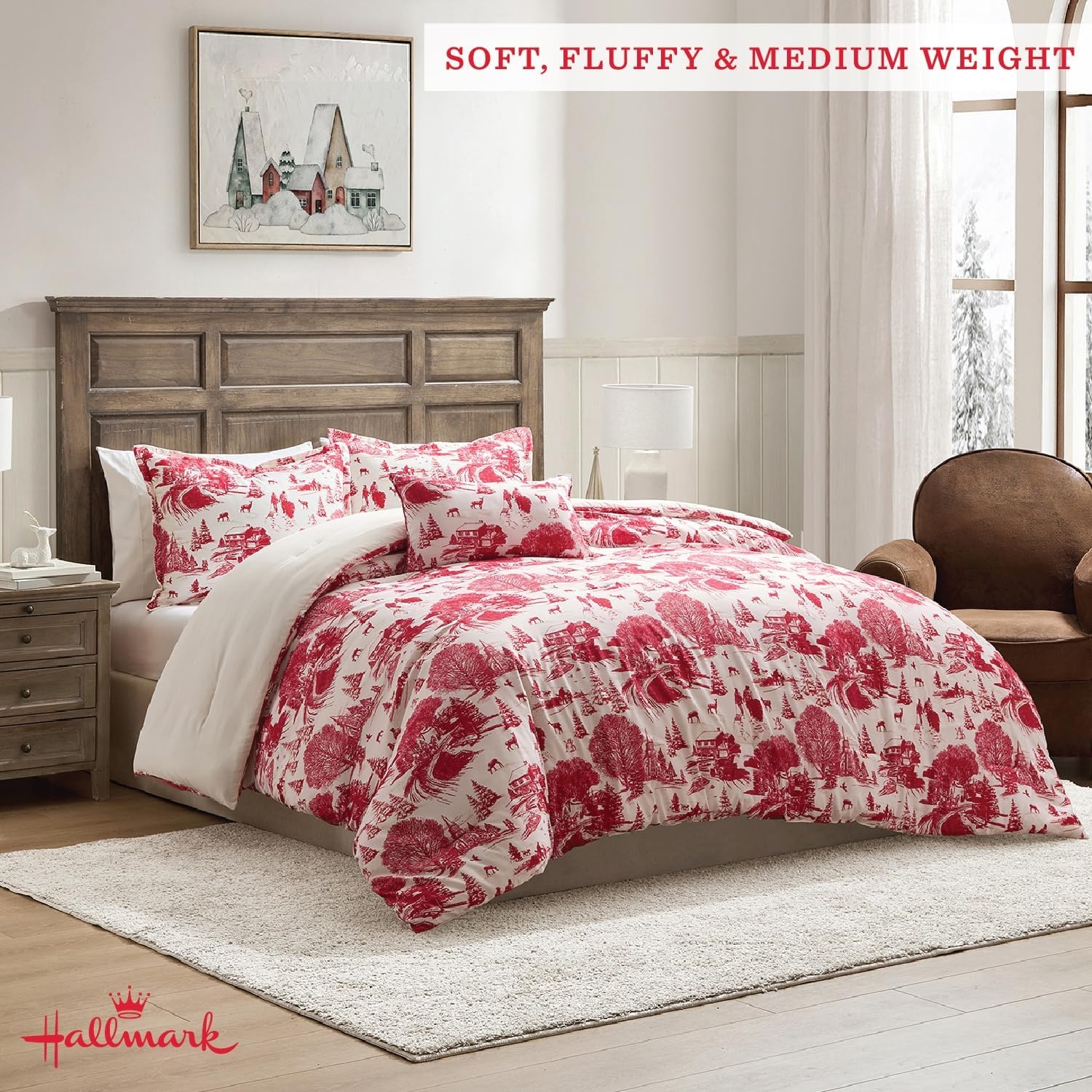 image:imageHallmark QueenFull Size 4Piece Holiday Bedding Set Festive Cozy Comforter 2 Shams Decorative Pillow Lightweight Cozy Home Decor Super Soft Microfiber Fabric WrinkleResistant Red ToileCozy Christmas Red