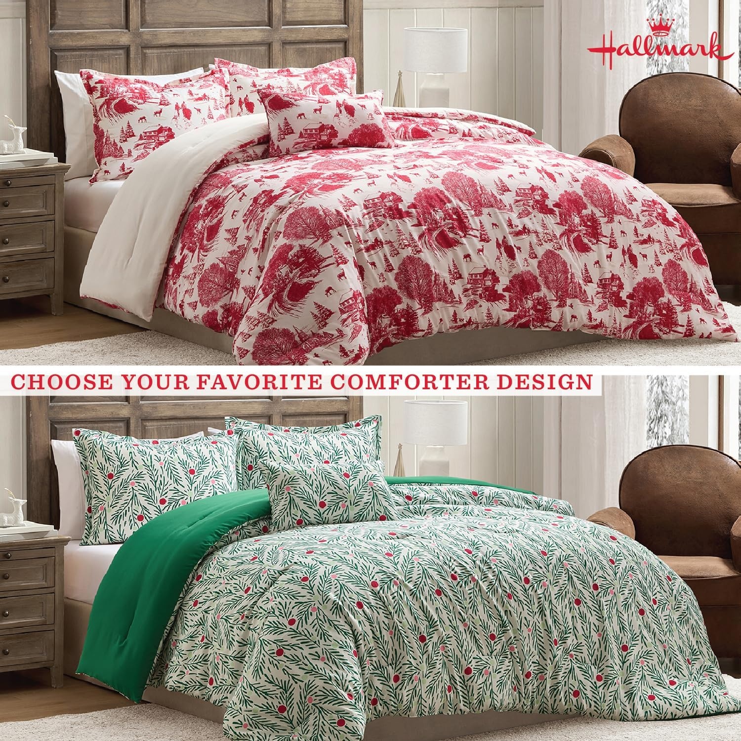 image:imageHallmark QueenFull Size 4Piece Holiday Bedding Set Festive Cozy Comforter 2 Shams Decorative Pillow Lightweight Cozy Home Decor Super Soft Microfiber Fabric WrinkleResistant Red ToileJoy to Your World Green