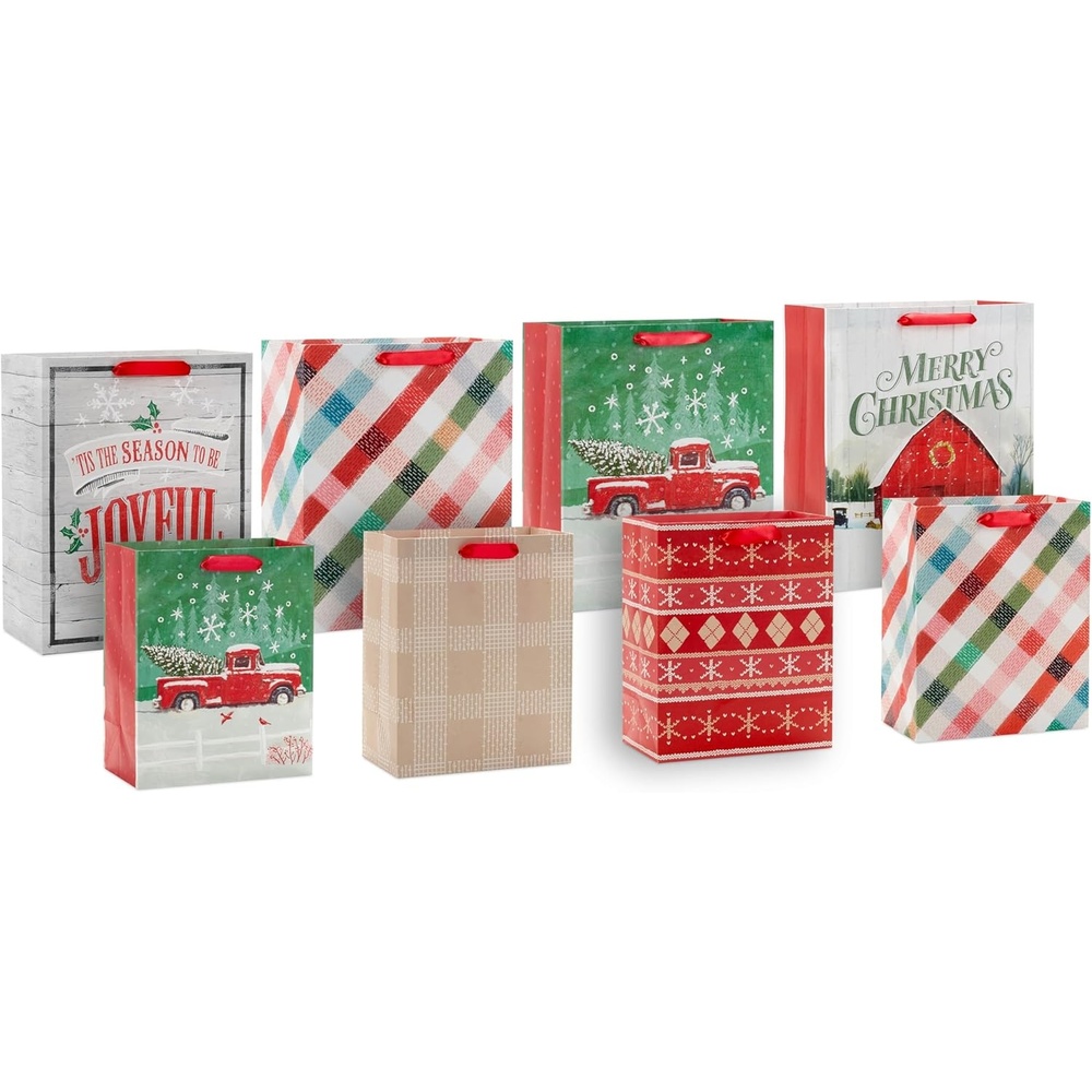 image:imageHallmark 13 Large Christmas Gift Bag Assortment with Tissue Paper 3 Bags Merry Christmas Wreath Gold Joy Snowy Red Barn Red White Gold Foil1 count Pack of 8