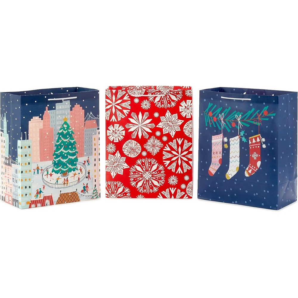 image:imageHallmark 13 Large Cute Christmas Gift Bags 3 Bags Pink Stockings on Branch Paper Snowflakes Ice Skating in the City for Kids Teens Friends TeachersPink  Gray  Red