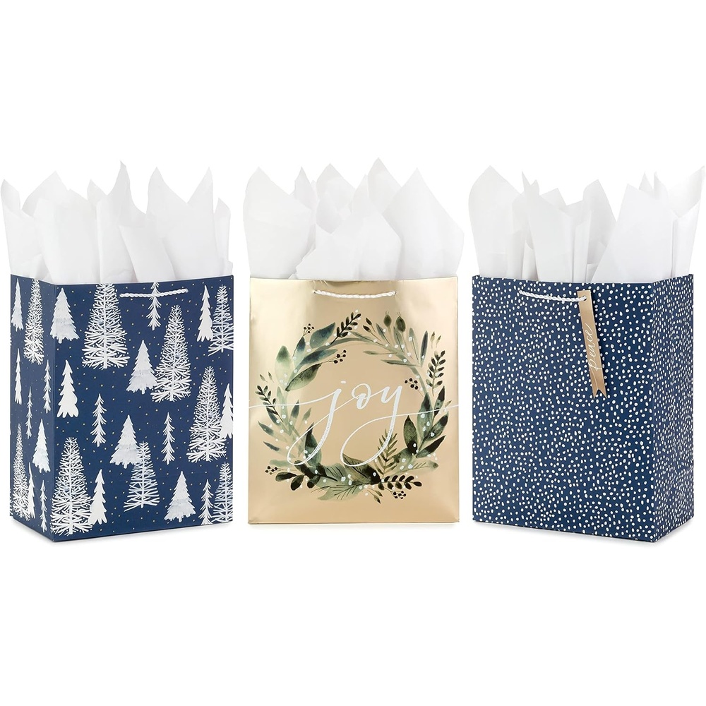 image:imageHallmark 13 Large Gift Bags with Tissue Paper 3 Elegant Bags Navy Blue and White Glittery Wreath Trees for Winter Weddings Birthdays Baby ShowersNavy  Gold