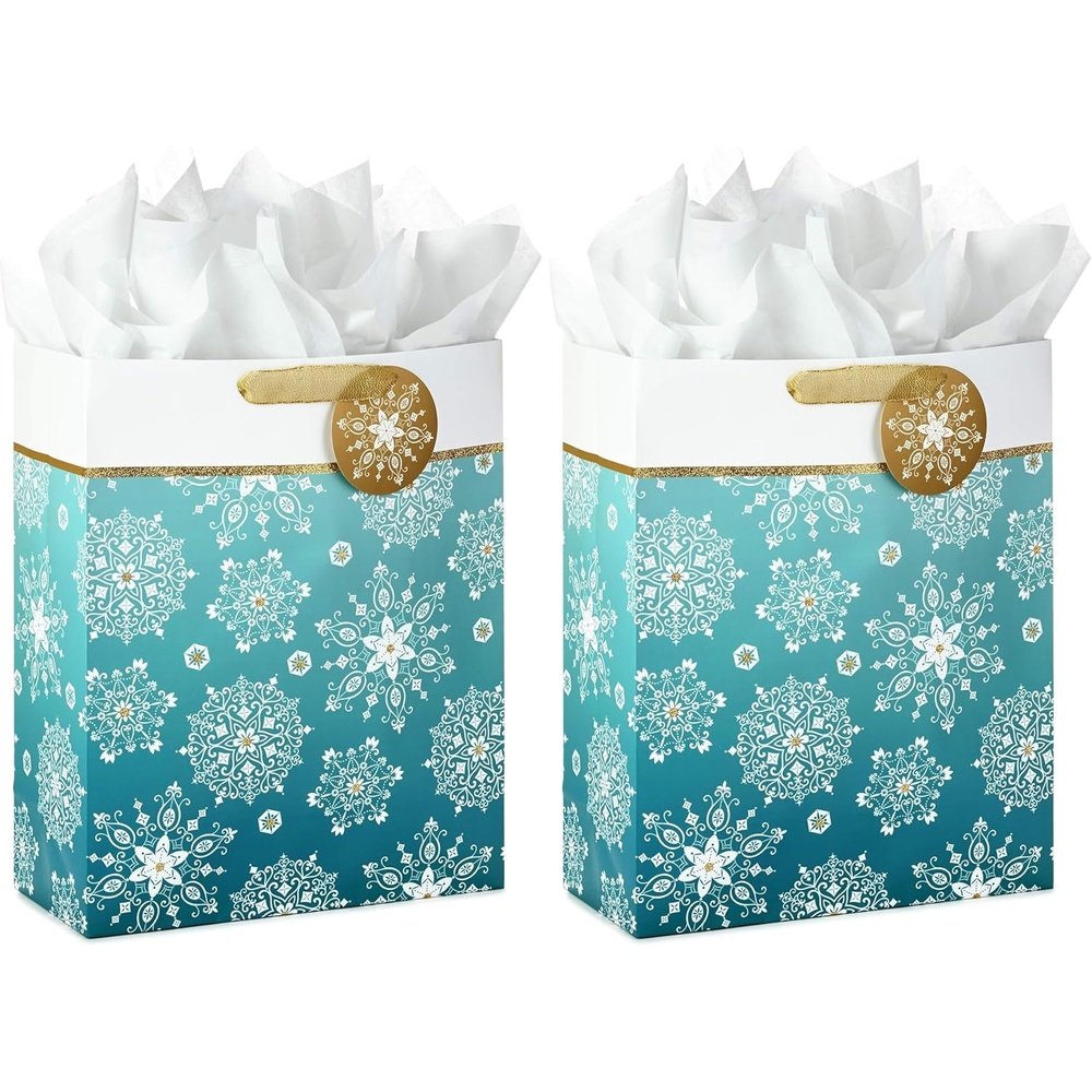image:imageHallmark 15 Extra Large Holiday Gift Bag with Tissue Paper Teal Blue and Gold Snowflakes for Hanukkah Winter Solstice Christmas1 sheet Pack of 2