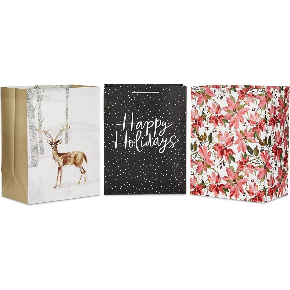 image:imageHallmark 17 Oversized Holiday Gift Bags 3 Bags Dark Gray and White Happy Holidays Winter Deer Pink Poinsettias for Christmas Winter Birthdays Weddings