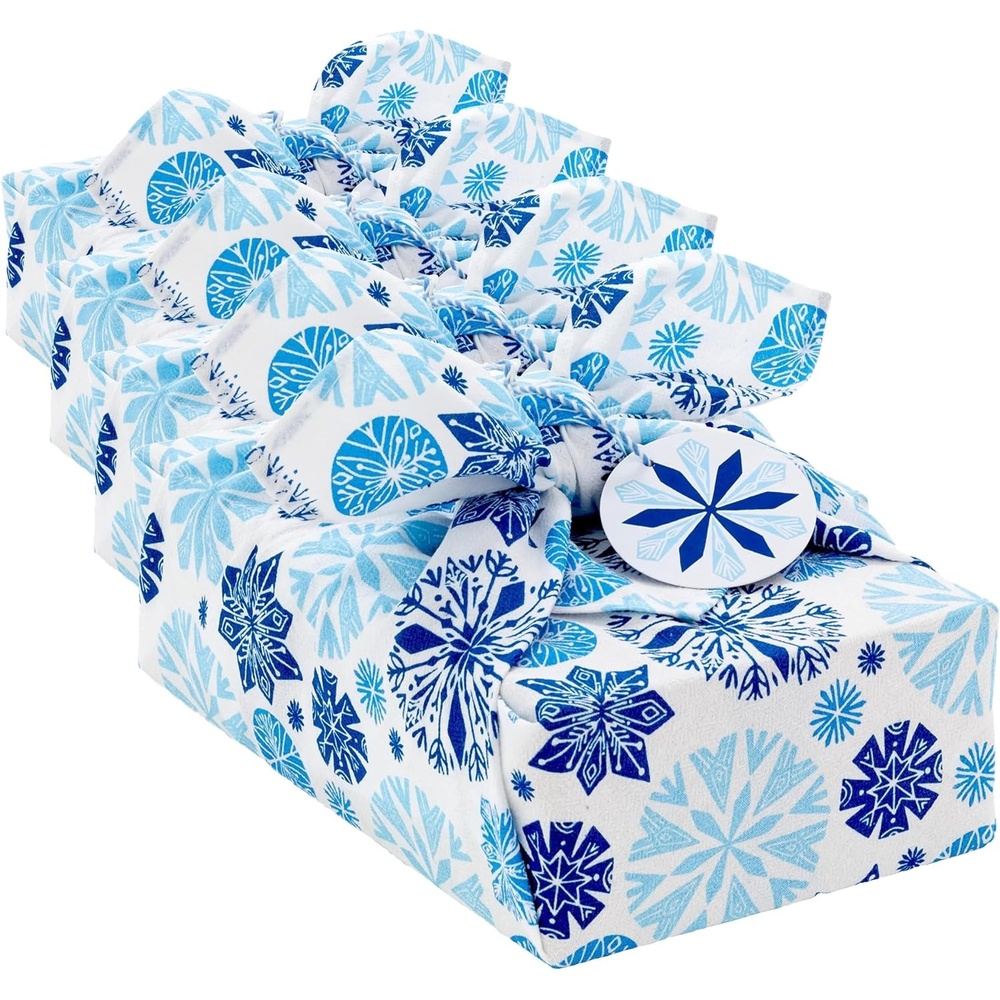 image:imageHallmark 26 Reusable Christmas Gift Wrap 1 Fabric Wrap Blue Snowflakes on Natural Cotton for Holiday Parties Hanukkah Winter Weddings1 sheet Pack of 4