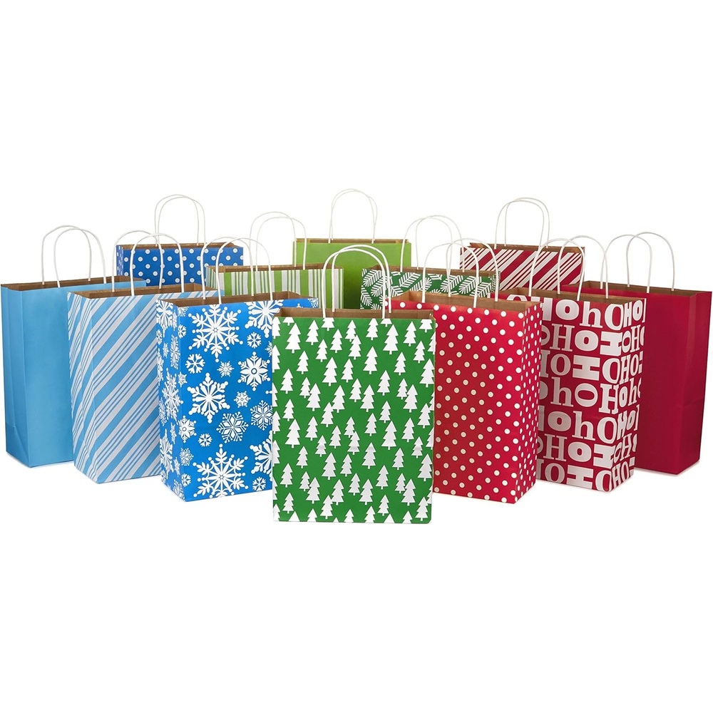 image:imageHallmark 6 Small Vintage Christmas Gift Bag Bundle 6 Bags Retro Santa Snowmen Red Green and White Stripes for Gift Cards Party Favors Treat Bags Teacher PresentsMulticolor
