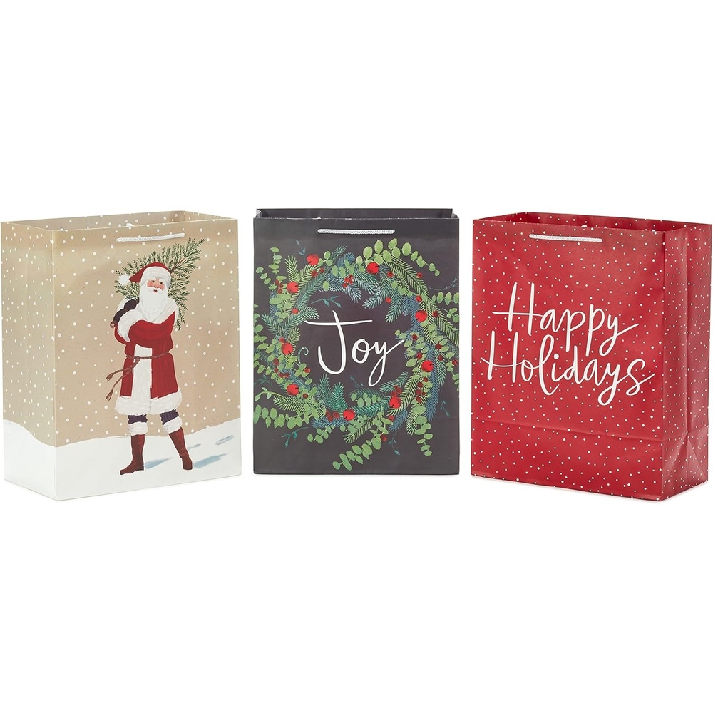 image:imageHallmark 9 Medium Christmas Gift Bag Bundle 4 Bags Traditional Santa Holly Wreath Snowy Red Car Red and Green Plaid for Friends Coworkers Teachers Neighbors1 count Pack of 3