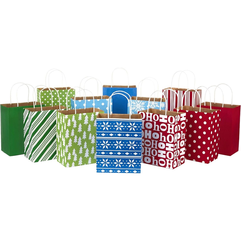 image:imageHallmark 9 Medium Holiday Gift Bag Assortment Pack of 12 Solids and Prints in Red Green Blue Paper Gift Bags with Christmas Trees Stripes Polka Dots Ho Ho Ho and More