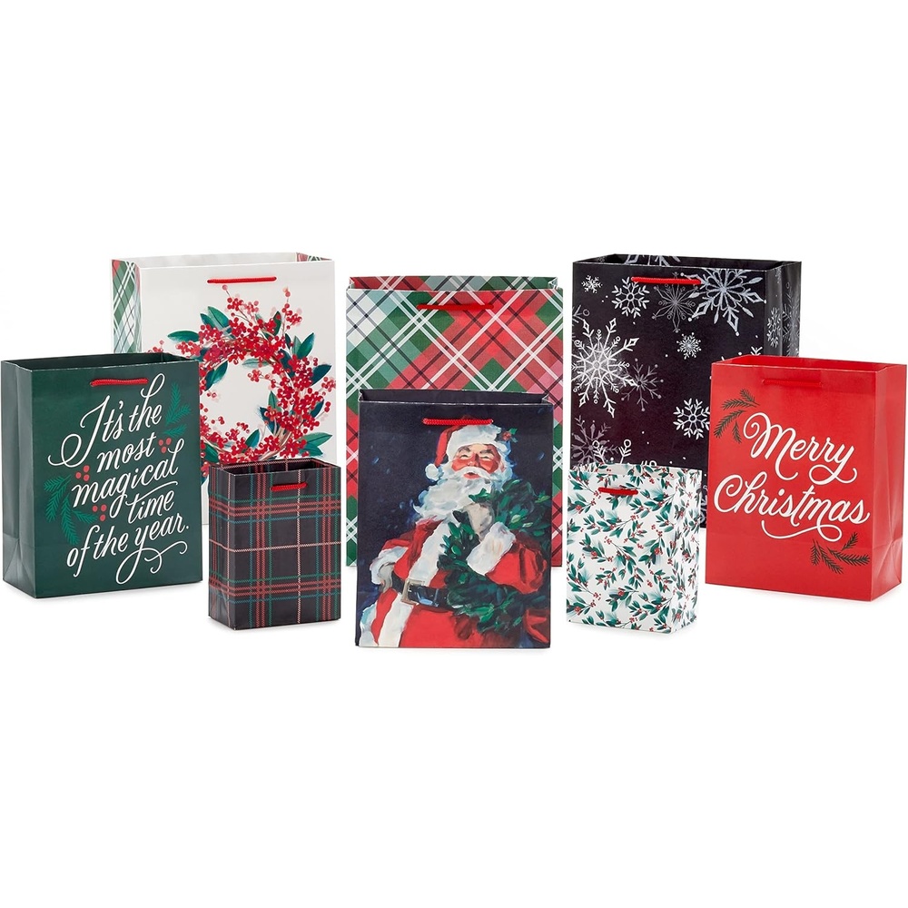 image:imageHallmark Assorted Christmas Gift Bag Bundle 8 Bags 2 Small 5 3 Medium 8 3 Large 11 Classic Santa Black and Red Plaid Snowflakes Holly