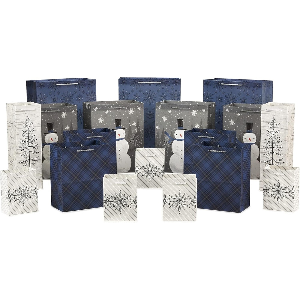 image:imageHallmark Assorted Christmas Gift Bags Bulk  Snowflake Tree Snowman Plaid 18 Gift Bags 5 Small 5 4 Medium 8 4 Large 11 3 XL 14 2 Bottle Bags for Holiday Parties Hanukkah WeddingsBlue Plaid  Snowman  Snowflakes  Tree