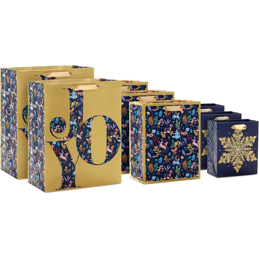 image:imageHallmark Assorted Christmas Gift Bags Bulk  Snowflake Tree Snowman Plaid 18 Gift Bags 5 Small 5 4 Medium 8 4 Large 11 3 XL 14 2 Bottle Bags for Holiday Parties Hanukkah WeddingsJoy  Floral  Snowflake