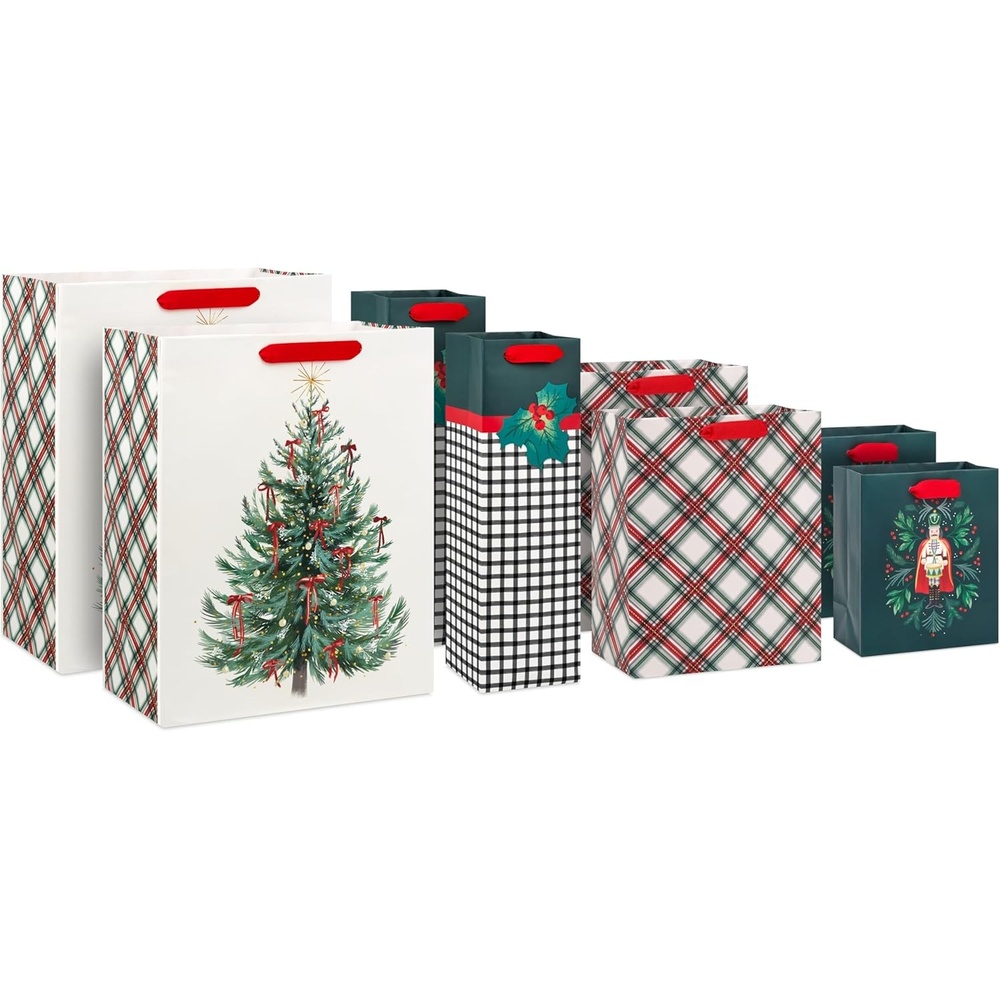 image:imageHallmark Assorted Christmas Gift Bags Recyclable Kraft Brown with Snowflake Plaid and Trees 8 Bags 3 Small 6 3 Medium 9 2 Large 13 for Holiday Parties Hanukkah Winter Weddings1 count Pack of 8