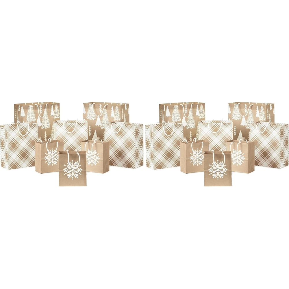 image:imageHallmark Assorted Christmas Gift Bags Recyclable Kraft Brown with Snowflake Plaid and Trees 8 Bags 3 Small 6 3 Medium 9 2 Large 13 for Holiday Parties Hanukkah Winter Weddings1 Count Pack of 16