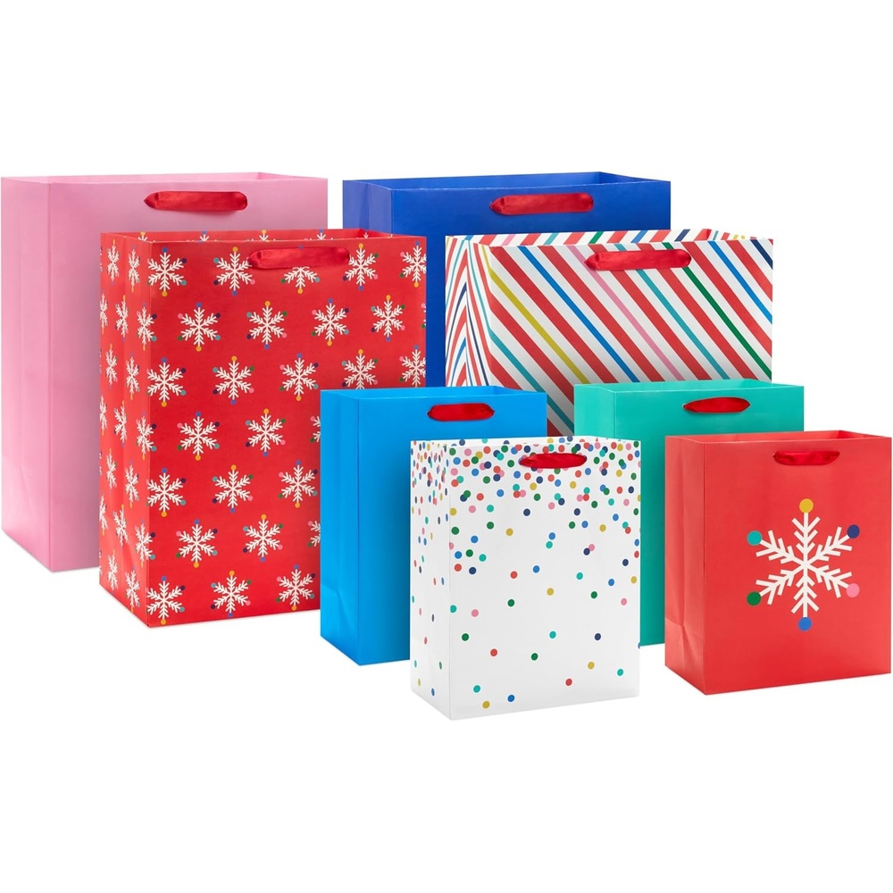 image:imageHallmark Assorted Christmas Gift Bags with MixnMatch Gift Tags 7 Gift Bags 3 Large 13 4 Medium 9 7 Gift Tags for Holiday Parties Hanukkah Winter WeddingsPink  Blue  Red  Snowflakes  Stripes