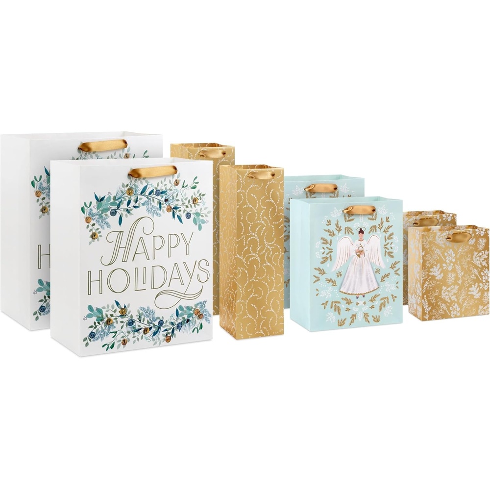image:imageHallmark Assorted Glittery Gold Christmas Gift Bags 8 Bags 2 Small 6 2 Medium 9 2 Large 13 2 Bottle 13 Angels Mint Green Leaves Happy HolidaysAngels  Mint Green  Leaves  Happy Holidays