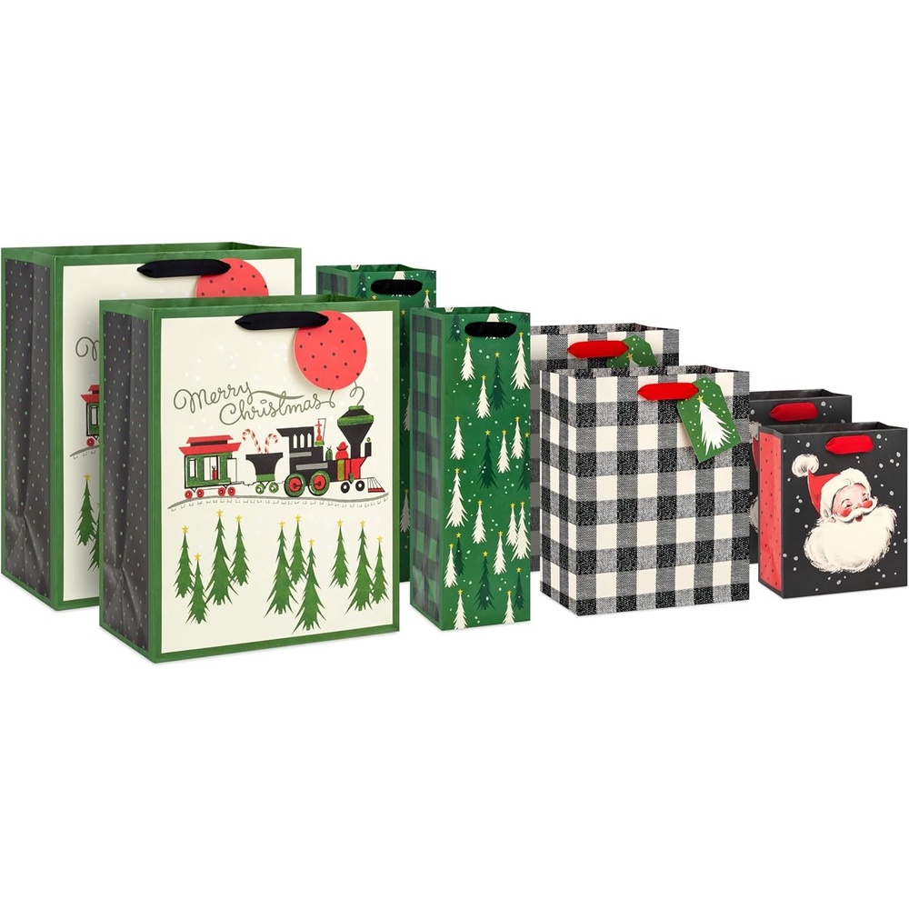 image:imageHallmark Assorted Vintage Christmas Gift Bags 8 Bags 2 Small 6 2 Medium 9 2 Large 13 2 Bottle 13 Black and White Buffalo Plaid Santa Toy Train Green TreesTrain  Trees  Buffalo Plaid  Santa