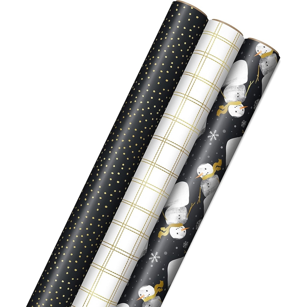 image:imageHallmark Black Christmas Wrapping Paper with Cut Lines on Reverse 3 Rolls 120 sq ft ttl Charcoal Gray Snowmen Gold Windowpane Plaid Dots for Holidays Hanukkah Weddings GraduationsCharcoal Black  Snowmen  Gold Plaid  Gray Dots