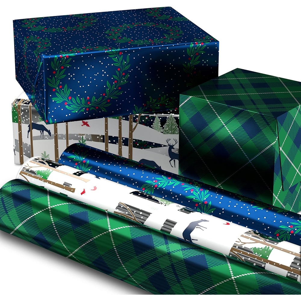 image:imageHallmark Blue Foil Christmas Wrapping Paper with Cut Lines on Reverse 3 Rolls 60 sq ft ttl Snowmen Snowflakes Christmas TreesGreen Plaid  Wreath  Woodland Scene