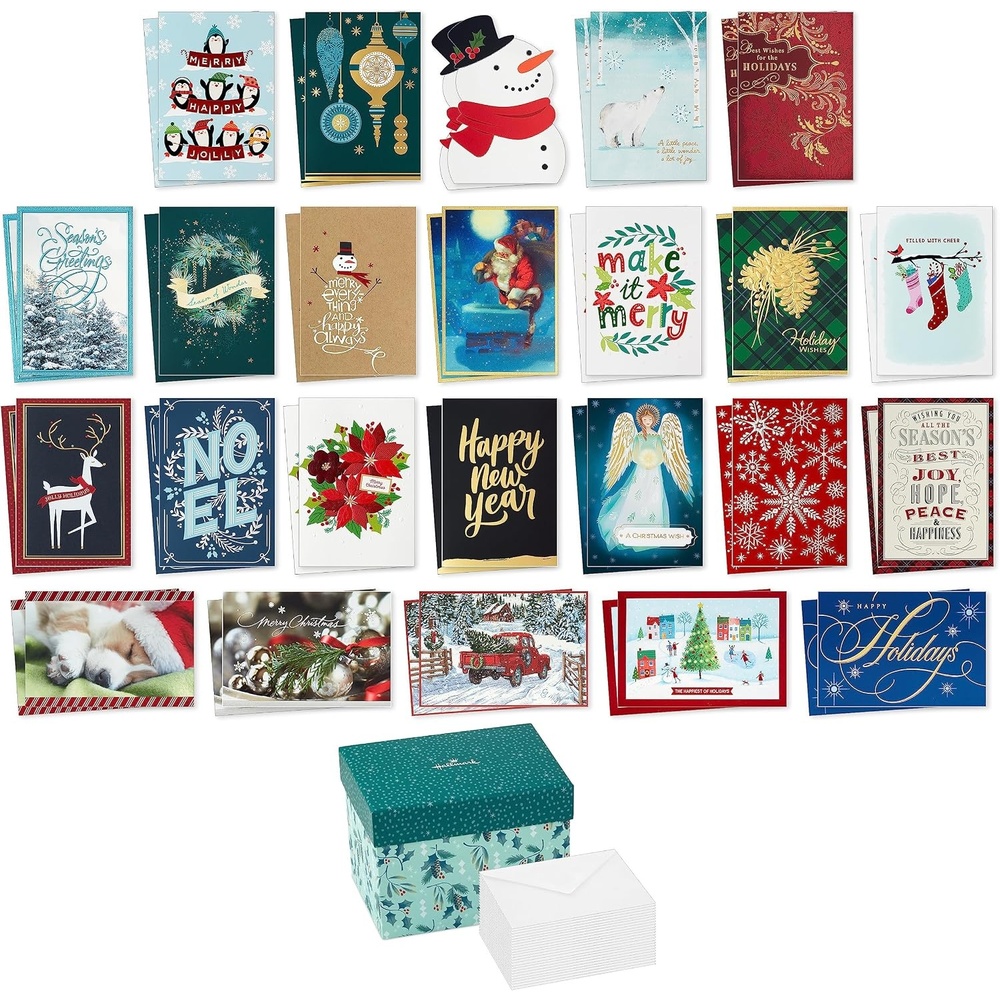 image:imageHallmark Boxed Christmas Card Assortment with Keepsake Box 48 Cards and Envelopes Angels Santa Penguins New Year Snowmen OrnamentsBulk Card Assortment Box