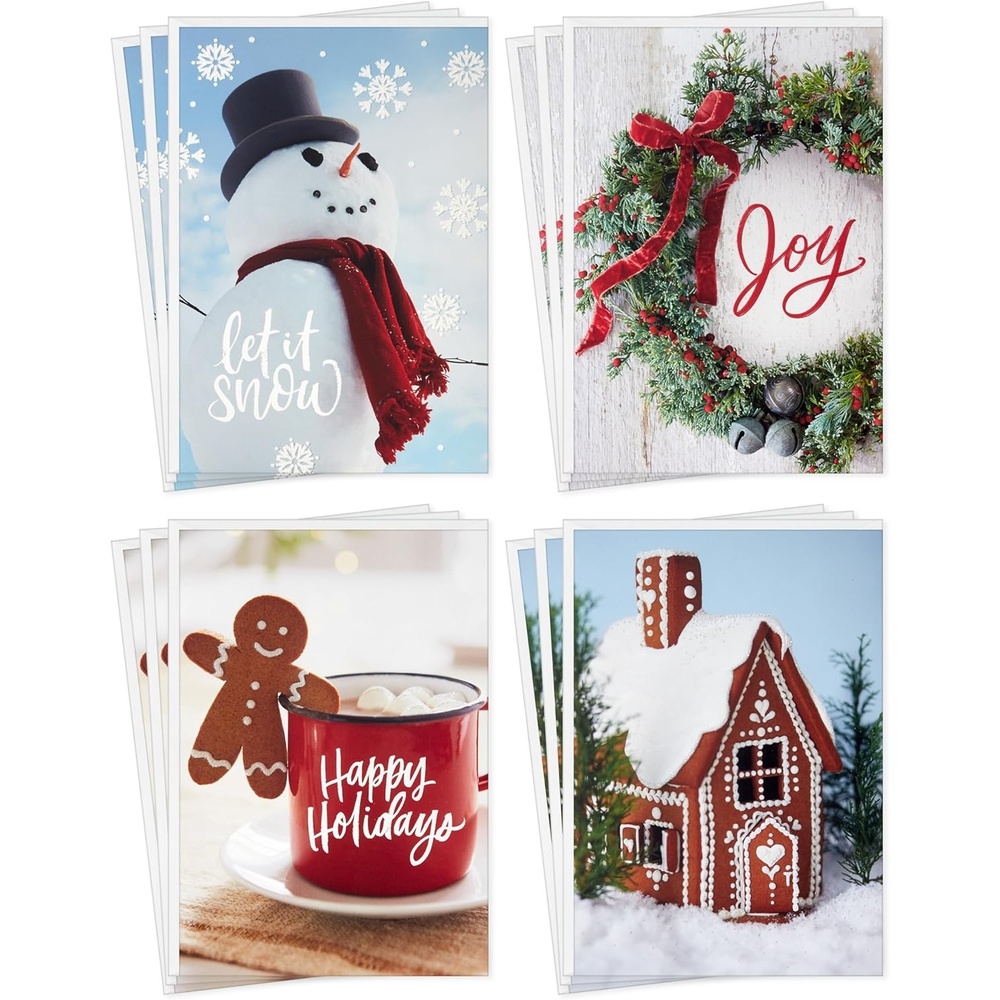 image:imageHallmark Boxed Christmas Cards Assortment Festive Foil 40 Cards and EnvelopesSnowman  Wreath  Gingerbread