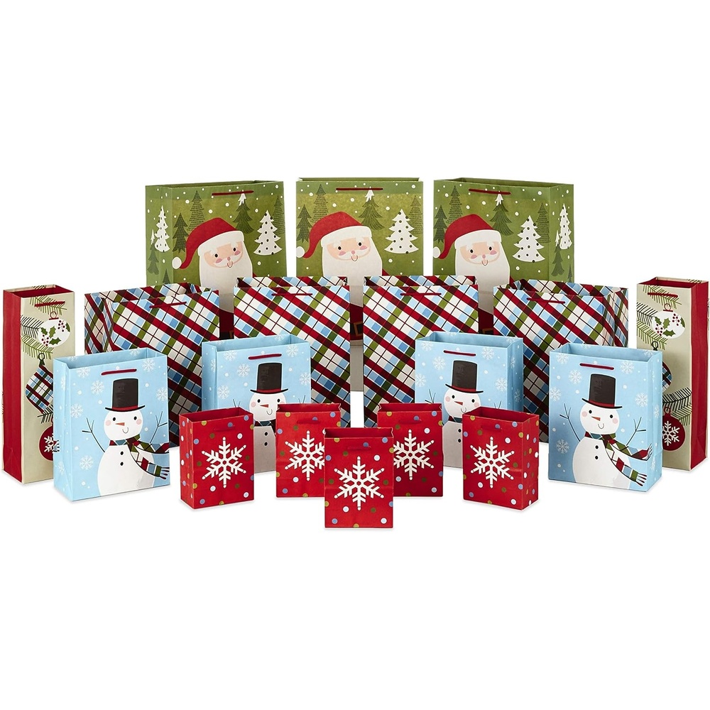 image:imageHallmark Bulk Christmas Gift Bags Assorted Sizes 18 Gift Bags 5 Small 5 4 Medium 8 4 Large 11 3 XL 14 2 Bottle Bags Santa Snowman Plaid Snowflake Bottle Bags