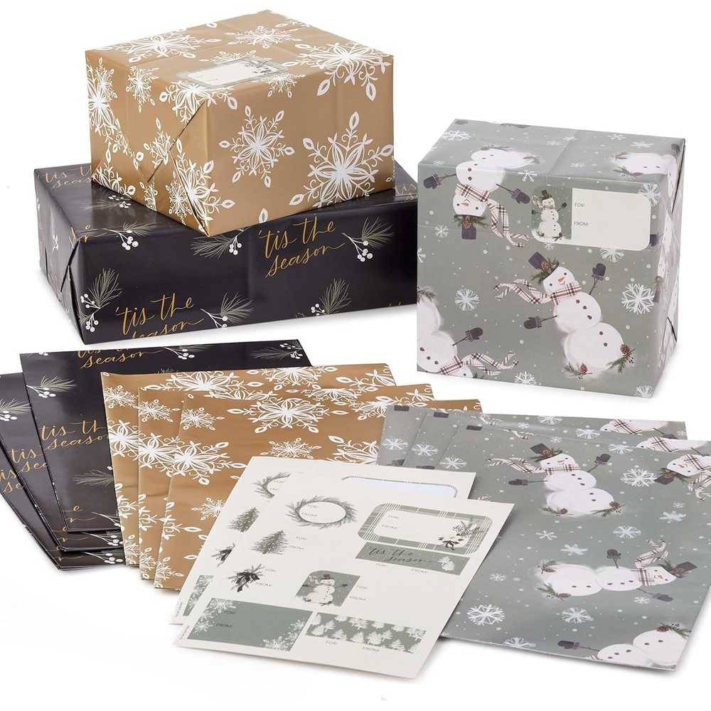 image:imageHallmark Christmas Flat Wrapping Paper Sheets Red Gift Wrap Paper 12 Folded Sheets with Sticker Seals Red White and Gold Stripes Santa Claus Snowflakes on PlaidSnowman Snowflakes Tis the Season