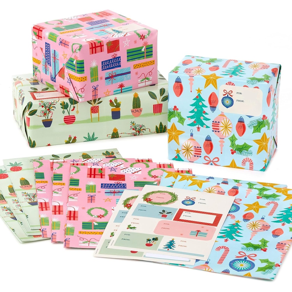 image:imageHallmark Christmas Flat Wrapping Paper Sheets  Red Gift Wrap Paper 12 Folded Sheets with Sticker Seals Red White and Gold Stripes Santa Claus Snowflakes on PlaidOrnaments  Cactus  Wrapped Presents