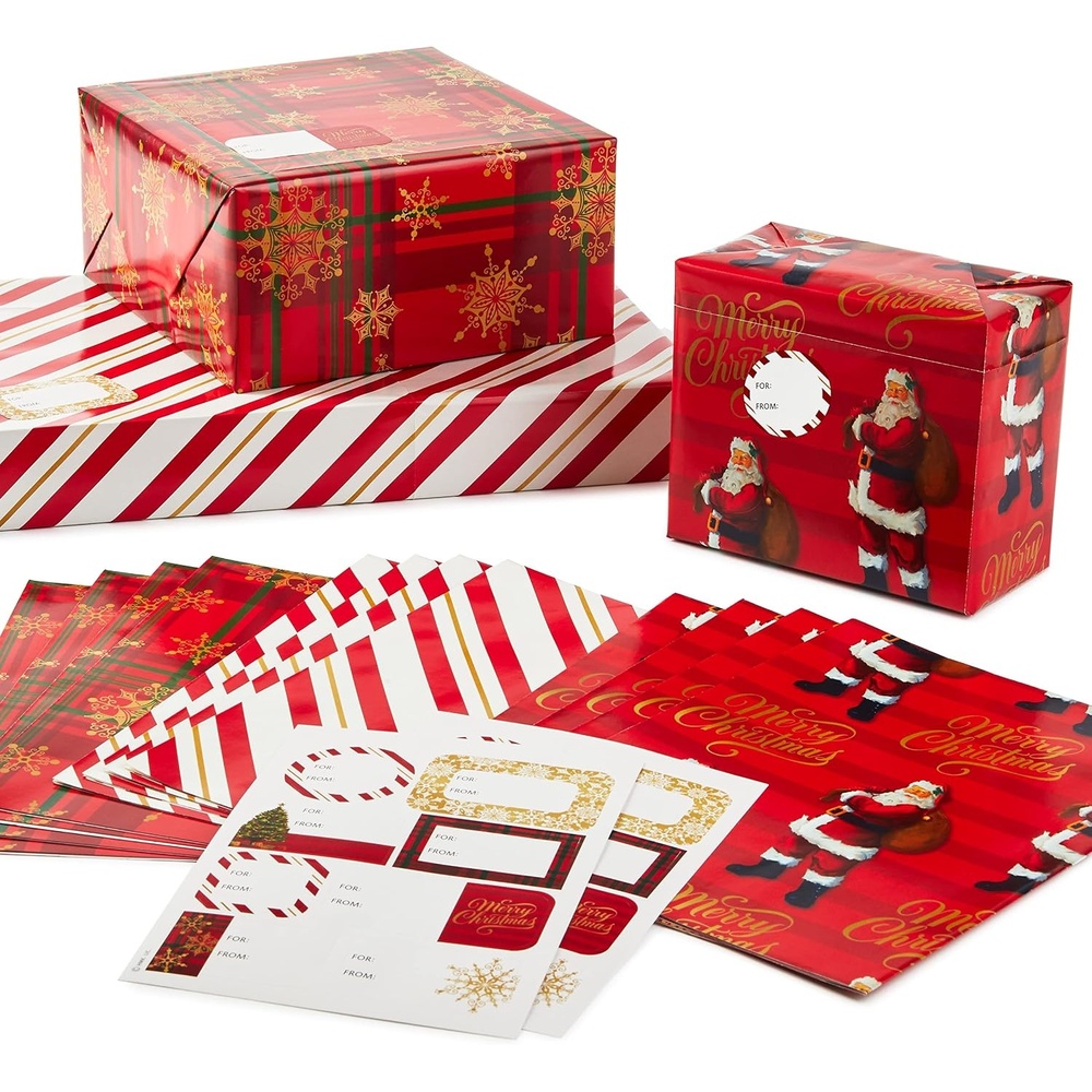 image:imageHallmark Christmas Flat Wrapping Paper Sheets  Red Gift Wrap Paper 12 Folded Sheets with Sticker Seals Red White and Gold Stripes Santa Claus Snowflakes on PlaidRed Santa  Plaid Snowflakes  Stripes