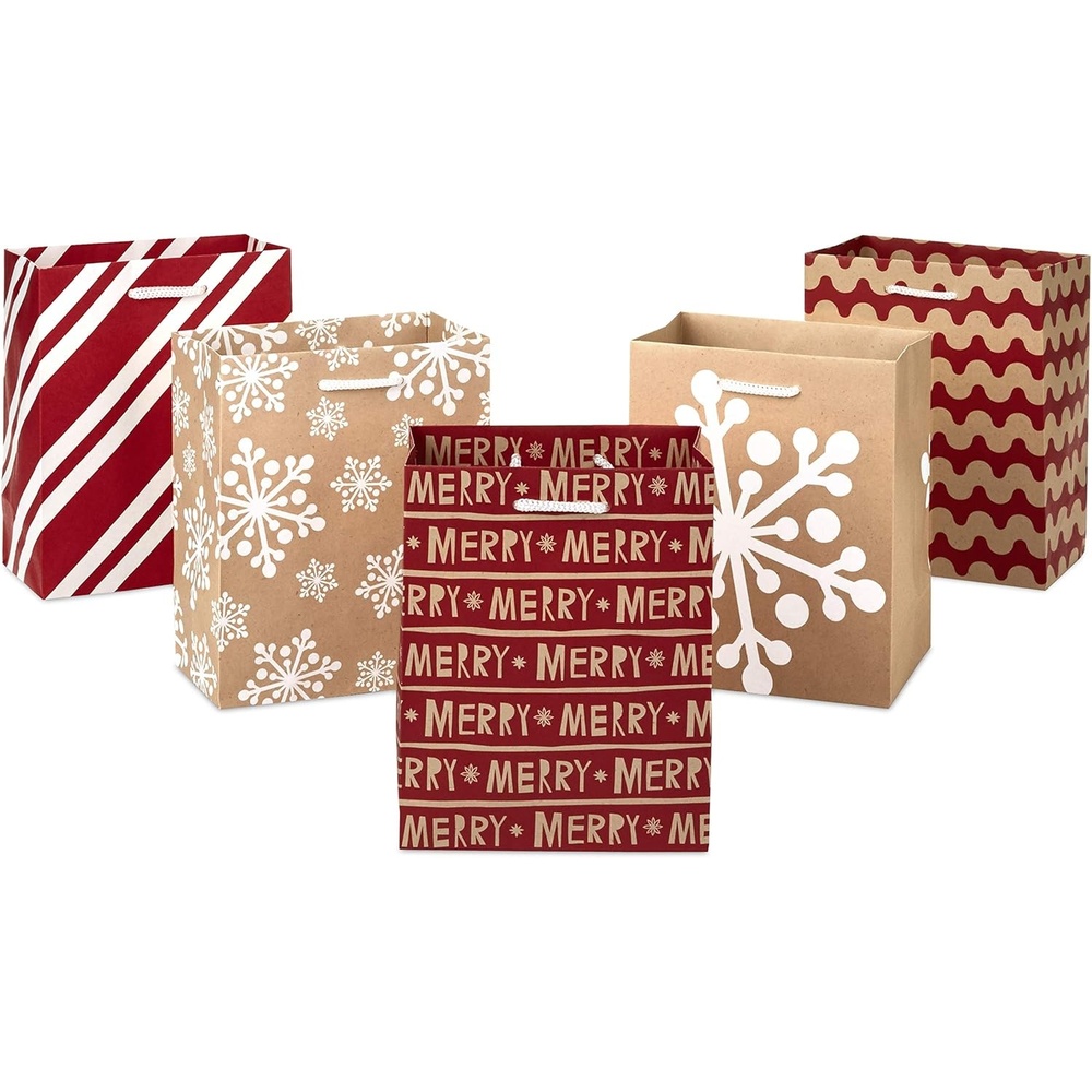 image:imageHallmark Christmas Gift Bag Assortment with Tissue Paper 3 Bags 2 Large 13 1 Large Horizontal 10 Santa with Sleigh Red and Green Plaid Snowman on BlackSmall